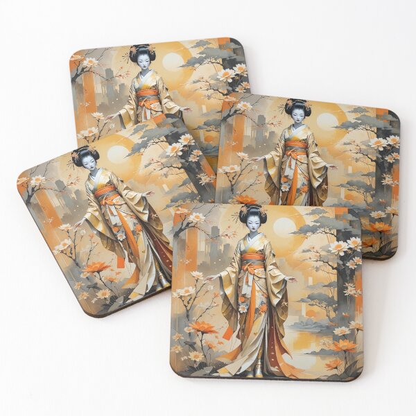 Item preview, Beautiful abstract geisha, kimono , in sunrise with flowers designed and sold by Coolparrotgirl.