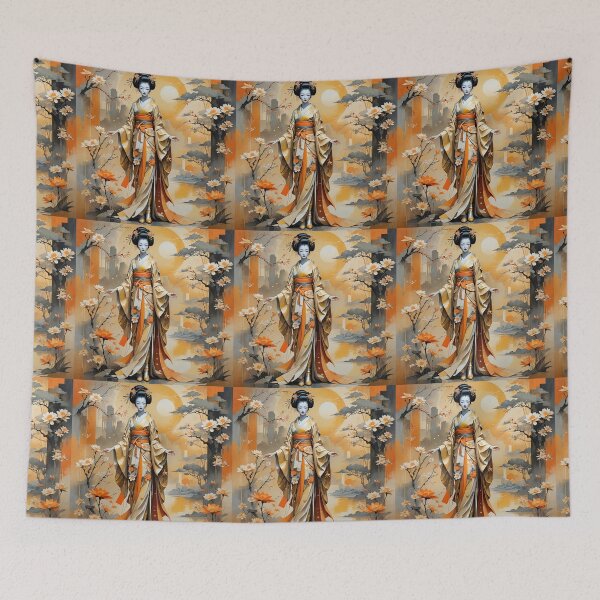 Item preview, Beautiful abstract geisha, kimono , in sunrise with flowers designed and sold by Coolparrotgirl.