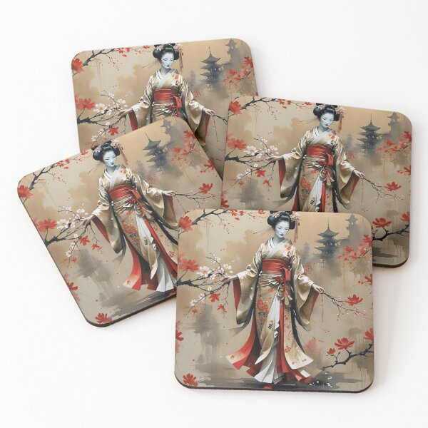 Item preview, Beautiful abstract geisha, kimono , in sunrise with flowers designed and sold by Coolparrotgirl.