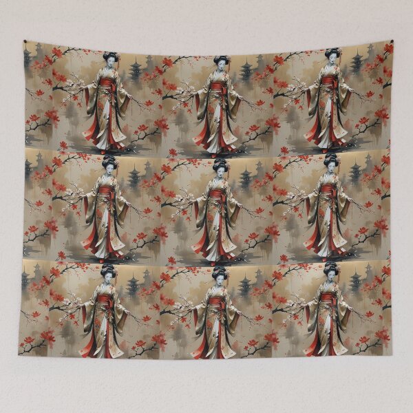 Item preview, Beautiful abstract geisha, kimono , in sunrise with flowers designed and sold by Coolparrotgirl.