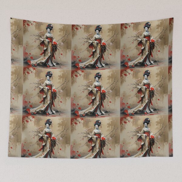 Item preview, Beautiful abstract geisha, kimono , in sunrise with flowers designed and sold by Coolparrotgirl.