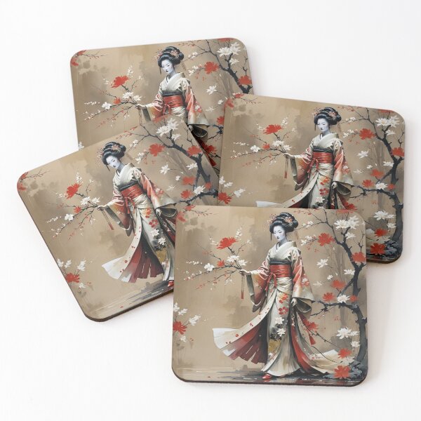 Item preview, Beautiful abstract geisha, kimono , in sunrise with flowers designed and sold by Coolparrotgirl.