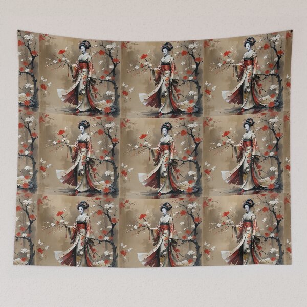 Item preview, Beautiful abstract geisha, kimono , in sunrise with flowers designed and sold by Coolparrotgirl.