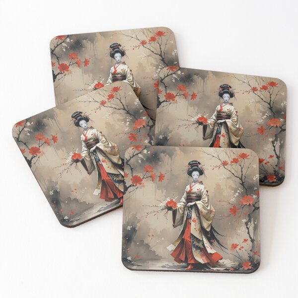 Item preview, Beautiful abstract geisha, kimono , in sunrise with flowers designed and sold by Coolparrotgirl.