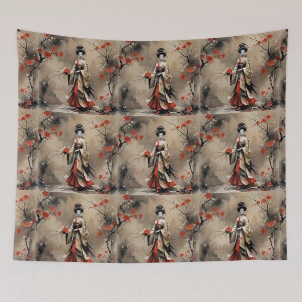 Item preview, Beautiful abstract geisha, kimono , in sunrise with flowers designed and sold by Coolparrotgirl.