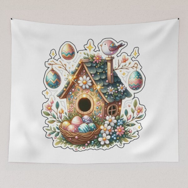 Item preview, bird house with nest with eggs  Easter cute sticker designed and sold by Expressions-Sel.