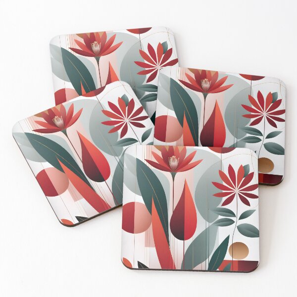 Item preview, Mid Century Botanical Retro Geometric Leaves  Florals  Red, Green  designed and sold by Prints and Lifestyle.