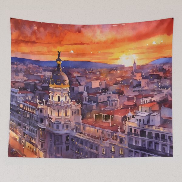 Item preview, Madrid at sunset, watercolor painting, city landscape, Madrid souvenir, Spanish cityscape, Spain travel designed and sold by SpettacolArte.