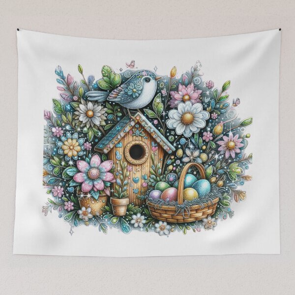 Item preview, colorful bird house with colorful eggs Easter cute sticker designed and sold by Expressions-Sel.
