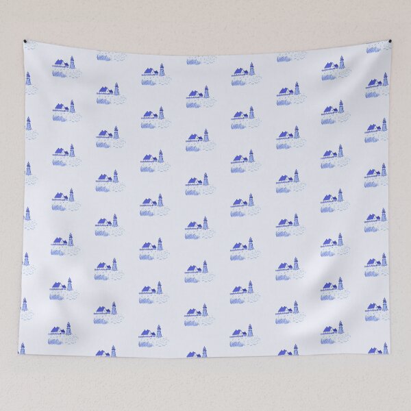 Item preview, Waterfront house  with lighhouse blue monochromatic landscape  designed and sold by rizdrawings.