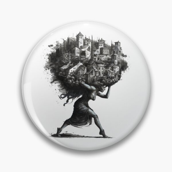 Item preview, woman carrying a chaotic and detailed town on her head designed and sold by Firas Aljazzar.