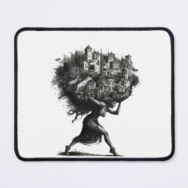 Item preview, woman carrying a chaotic and detailed town on her head designed and sold by Firas Aljazzar.
