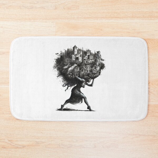 Item preview, woman carrying a chaotic and detailed town on her head designed and sold by Firas Aljazzar.