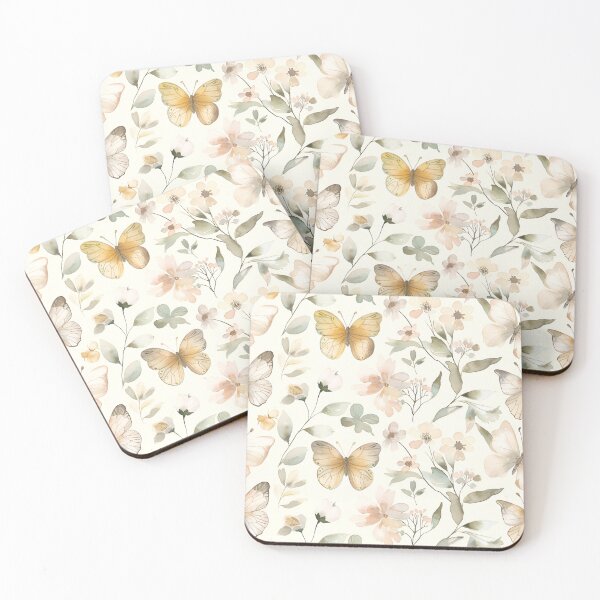 Item preview, Watercolor butterflies and flowers. Pastel beige, warm ivory, and faded greenery color palett designed and sold by pawmad.