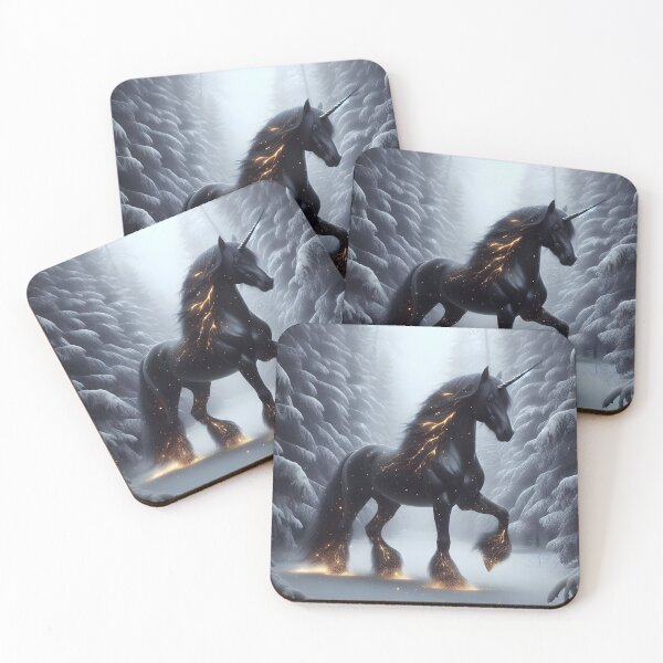 Item preview, Black and Gold Unicorn in a Winter Forest  designed and sold by ki-mer-a.