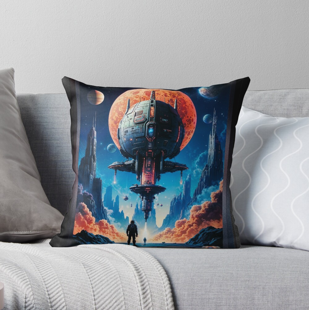 The Landing Retro Fusion Sci-Fi Space Art AI Concept Art by Xzendor7 - Captivating Poster Art 4 The Landing Retro Fusion Sci-Fi Space Poster Art Mesmerizing AI Concept Art by Xzendor7 Decorative Throw Pillow