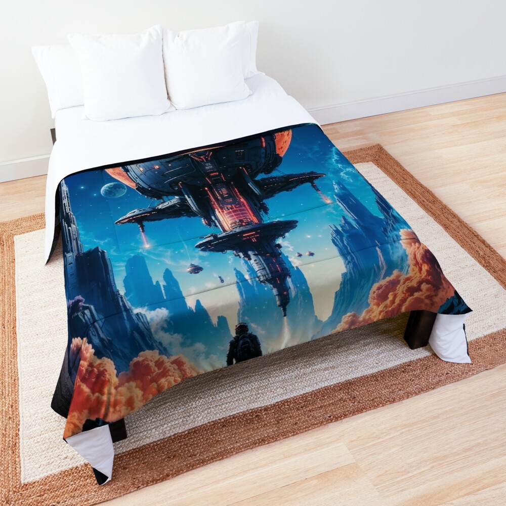 The Landing Retro Fusion Sci-Fi Space Art AI Concept Art by Xzendor7 - Captivating Poster Art 3 The Landing Retro Fusion Sci-Fi Space Poster Art Mesmerizing AI Concept Art by Xzendor7 Decorative Comforter