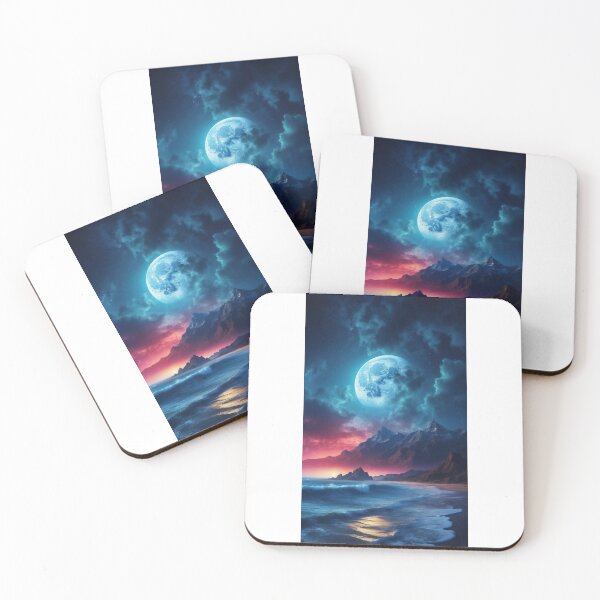 Item preview, realistic view of a beautiful midnight sky mountain big ocean. full moon in the background designed and sold by arjad3n.