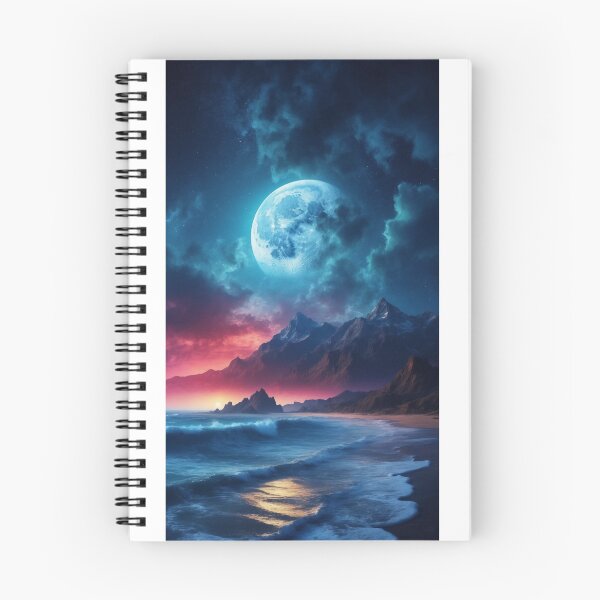 Item preview, realistic view of a beautiful midnight sky mountain big ocean. full moon in the background designed and sold by arjad3n.