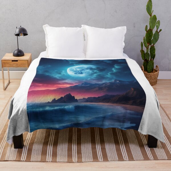Item preview, realistic view of a beautiful midnight sky mountain big ocean. full moon in the background designed and sold by arjad3n.