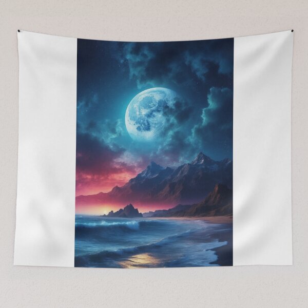 Item preview, realistic view of a beautiful midnight sky mountain big ocean. full moon in the background designed and sold by arjad3n.
