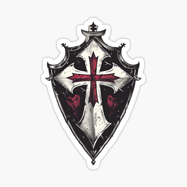 Vista previa del artículo con la obra «Armadura de caballero cruzado medieval con motivos de espada, escudo y cruz», diseñado y vendido por RodentDelights.