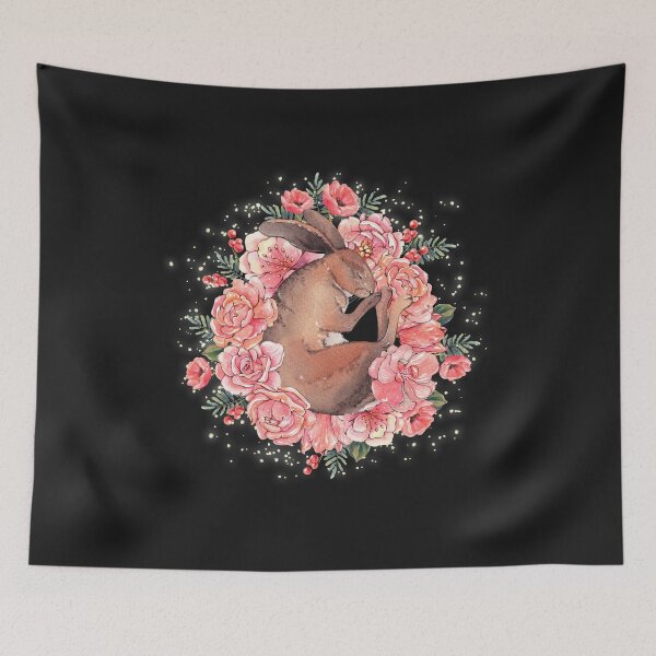 Item preview, Sleeping hare surrounded by magical pink flowers in watercolor style designed and sold by AnaVerana.