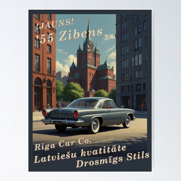 Item preview, Vintage car poster - Riga Car Co. - 1955 Zibens Sports Coupe metal green Latvian designed and sold by Museum Of Non-Existing Art.