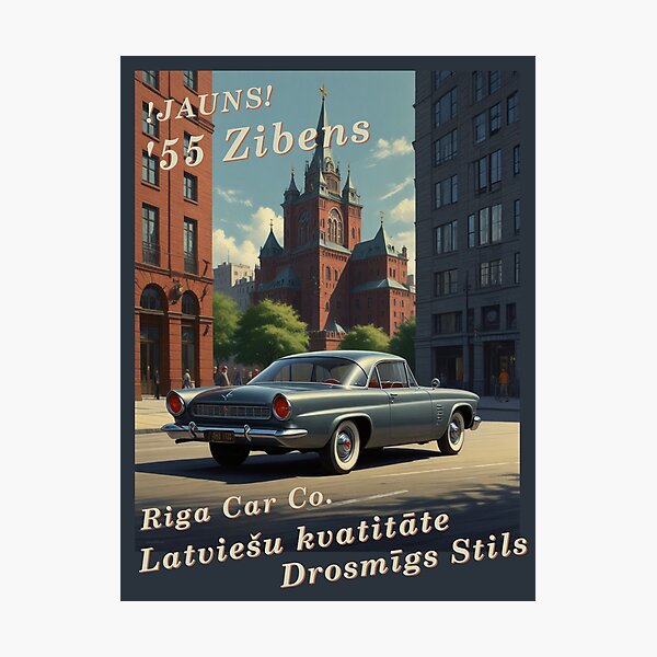 Item preview, Vintage car poster - Riga Car Co. - 1955 Zibens Sports Coupe metal green Latvian designed and sold by Museum Of Non-Existing Art.