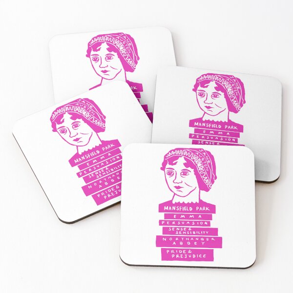 Item preview, Jane Austen and Her Book Stack Linocut (pink) designed and sold by louweasely.