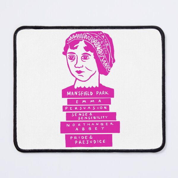 Item preview, Jane Austen and Her Book Stack Linocut (pink) designed and sold by louweasely.