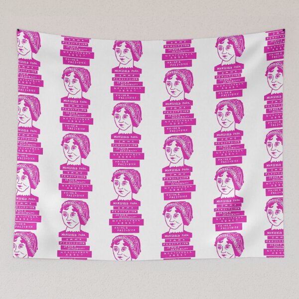 Item preview, Jane Austen and Her Book Stack Linocut (pink) designed and sold by louweasely.