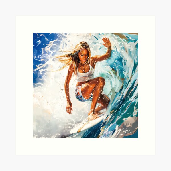 Item preview, A female surfer quickly passing through huge waves. Oil painting art style. designed and sold by hojeong-art.