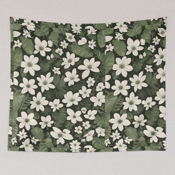 Item preview, Green and White Botanical Wallpaper: Leaves and Flowers Close-Up designed and sold by MrKATORSKI.