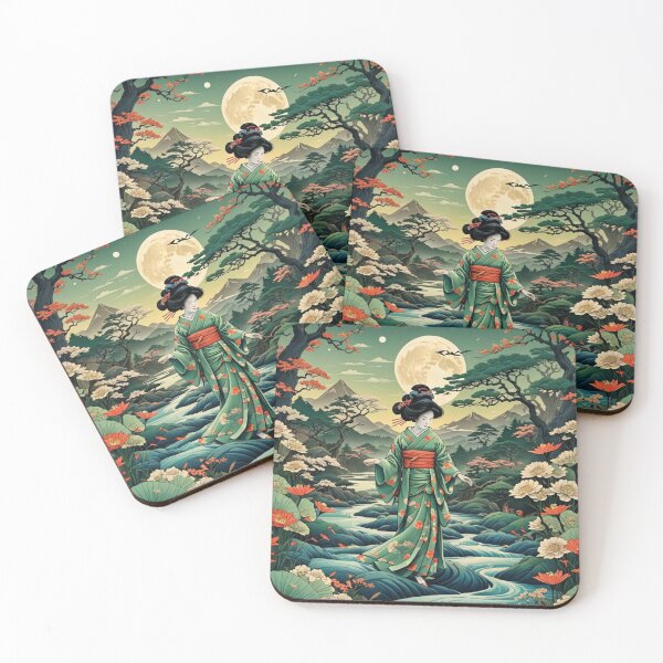 Item preview, Beautiful abstract geisha, kimono , in sunrise with flowers designed and sold by Coolparrotgirl.