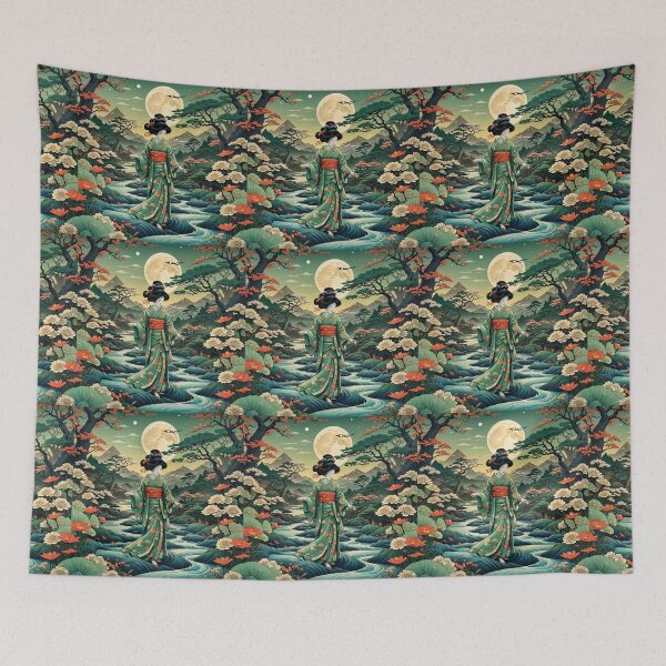 Item preview, Beautiful abstract geisha, kimono , in sunrise with flowers designed and sold by Coolparrotgirl.