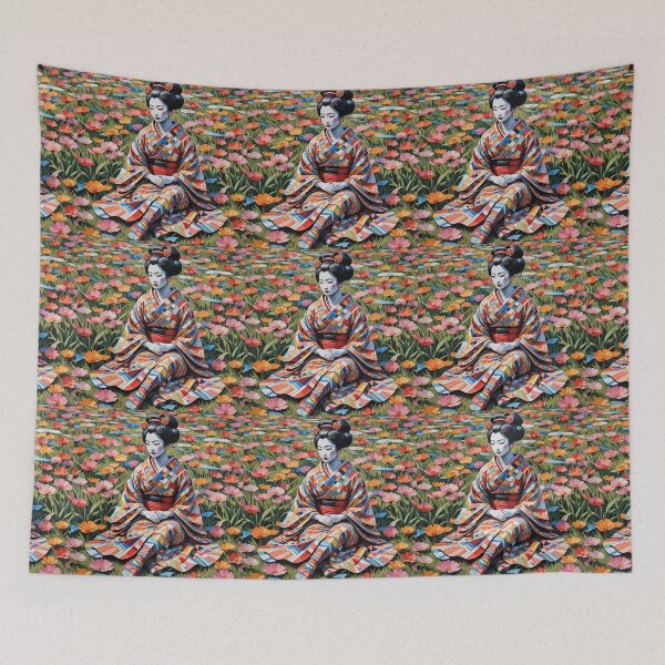Item preview, Beautiful abstract geisha, kimono , in sunrise with flowers designed and sold by Coolparrotgirl.