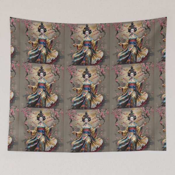 Item preview, Beautiful abstract geisha, kimono , in sunrise with flowers designed and sold by Coolparrotgirl.