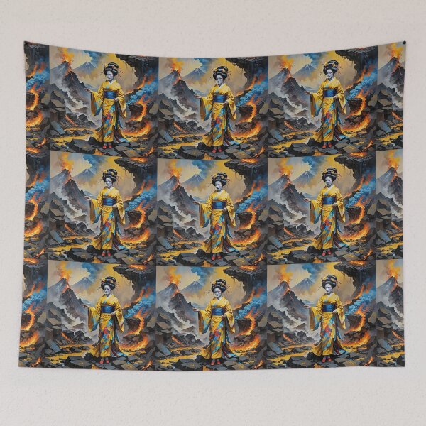 Item preview, Beautiful abstract geisha, kimono , near volcano with lava designed and sold by Coolparrotgirl.