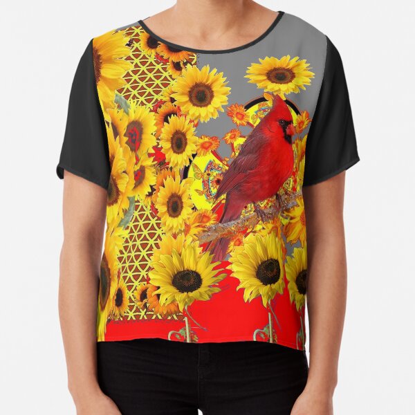 RED CARDINAL YELLOW SUNFLOWERS GREY ART Chiffon Top
