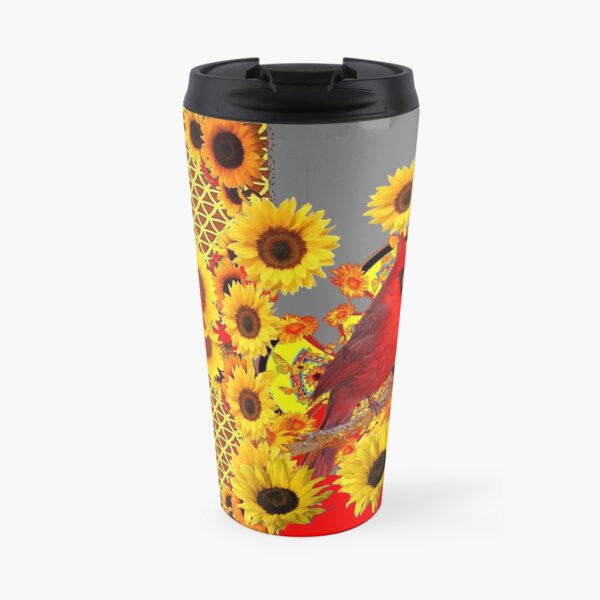 RED CARDINAL YELLOW SUNFLOWERS GREY ART Travel Mug