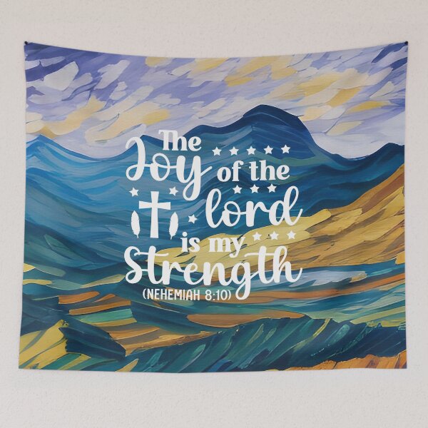 Item preview, Bible verses about strength - Nehemiah 8:10 - with Preppy Blue and Ochre Mountain Aesthetic Art designed and sold by SpartanDStore.