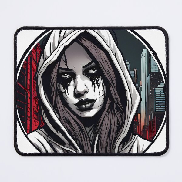 Item preview, Gangster woman with hood in front of city sillhouette illustration/vector art designed and sold by Salimgor Hangaround Music.