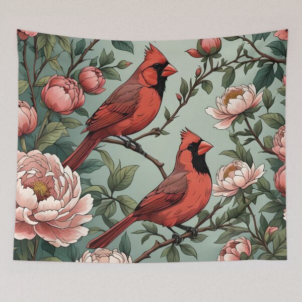 Item preview, A Pair Of Red Cardinal Birds and Peony Flowers Illustration designed and sold by taiche.