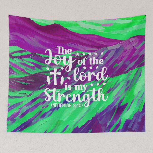 Item preview, Bible verses about strength - Nehemiah 8:10 - with Preppy Purple and Neon Green Mountain Art designed and sold by SpartanDStore.