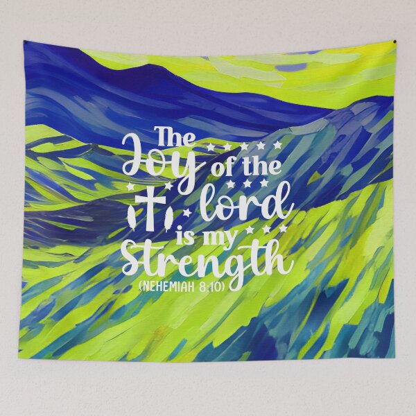 Item preview, Bible verses about strength - Nehemiah 8:10 - with Preppy Deep Blue and Green Mountain Aesthetic Art designed and sold by SpartanDStore.