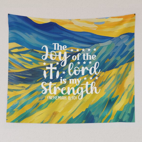 Item preview, Bible verses about strength - Nehemiah 8:10 - with Preppy Blue and Ochre Mountain Aesthetic Art designed and sold by SpartanDStore.