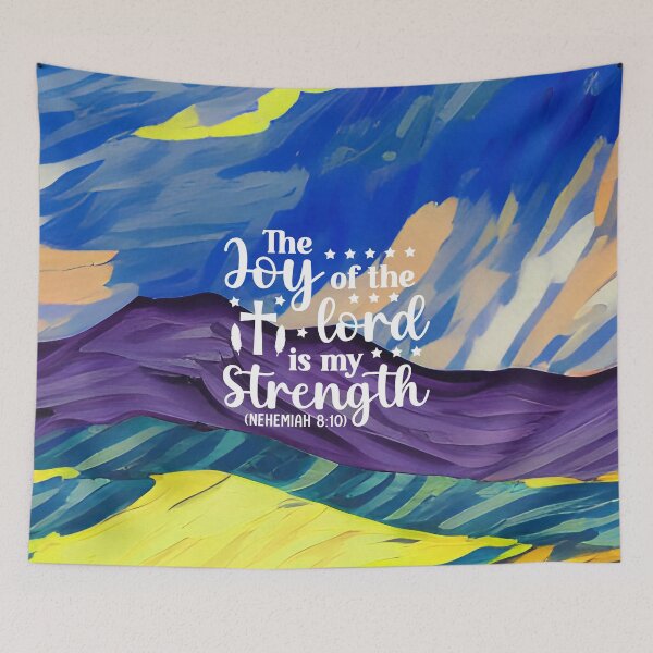 Item preview, Bible verses about strength - Nehemiah 8:10 with Colorful Deep Blue Preppy Mountain Art designed and sold by SpartanDStore.