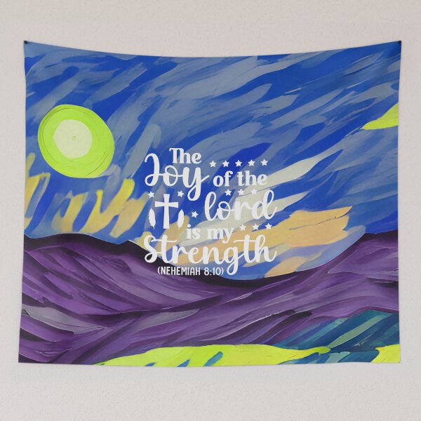 Item preview, Bible verses about strength - Nehemiah 8:10 with Colorful Blue And Violet Preppy Mountain Art designed and sold by SpartanDStore.