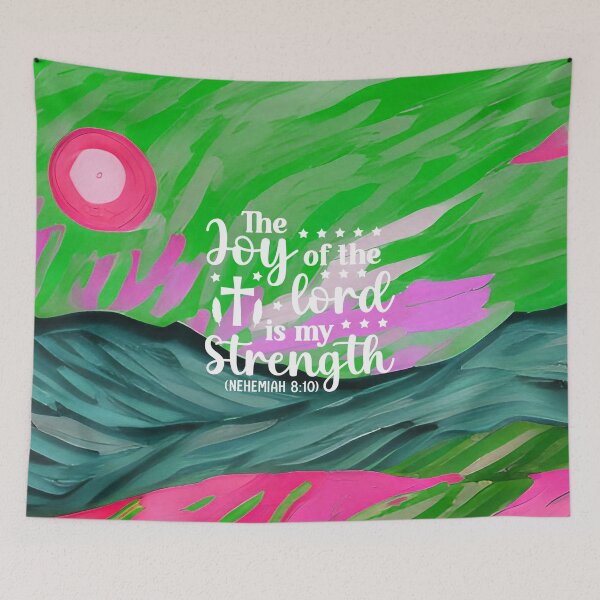 Item preview, Bible verses about strength - Nehemiah 8:10 with Colorful Green Preppy Mountain Art designed and sold by SpartanDStore.